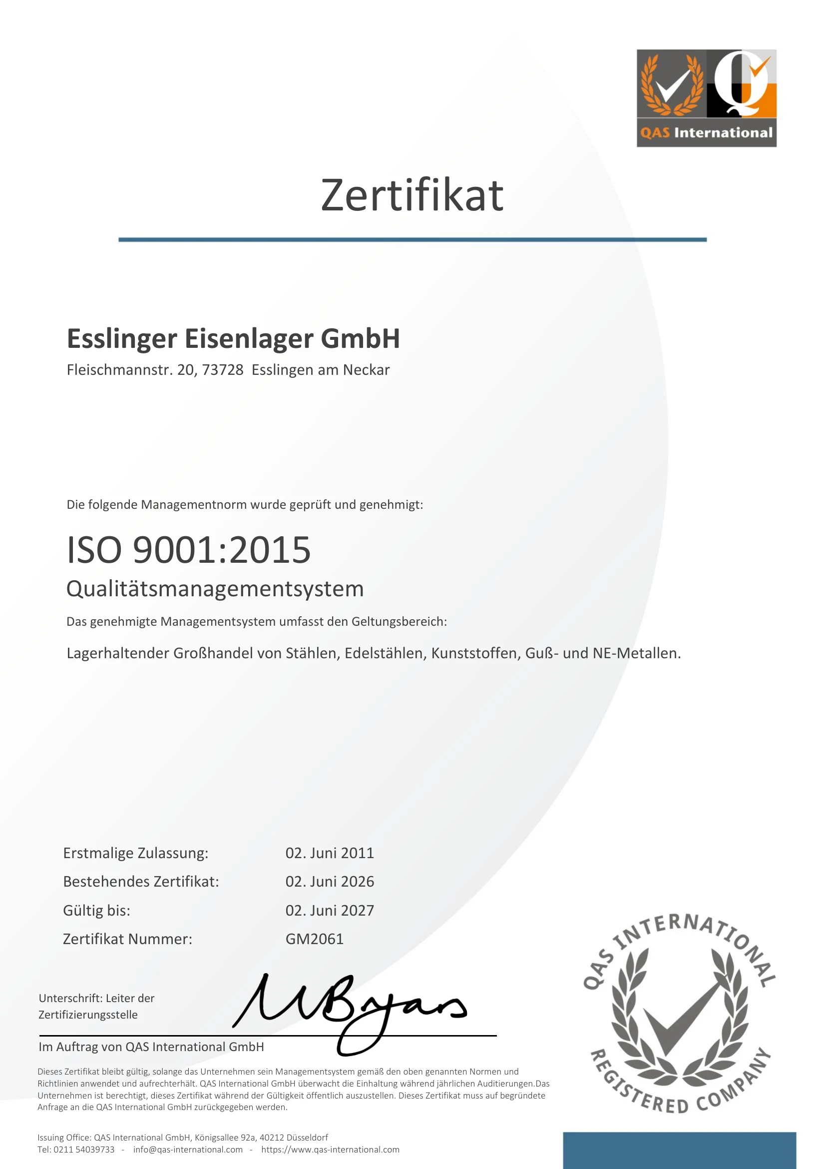 Zertifikat ISO 9001:2015 der Esslinger Eisenlager GmbH, Nummer GM2061, gültig bis 2. Juni 2027